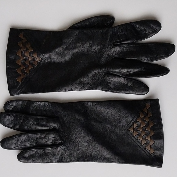 BLACK LEATHER GLOVE SILK LINING CARAMEL BRAID ITALY Classy Lady - Picture 5 of 9